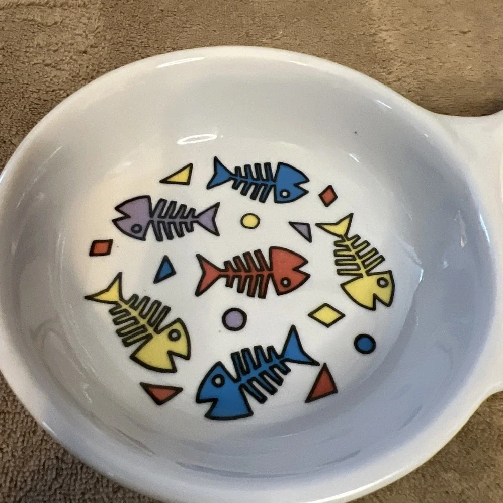 Double Bowl Cat Food‎ & Water Dish Fish Bones Stoneware Heavy Durable Dishes
